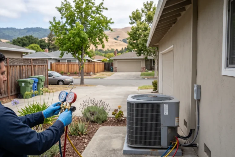 Technician checking refrigerant pressure on an outdoor AC unit