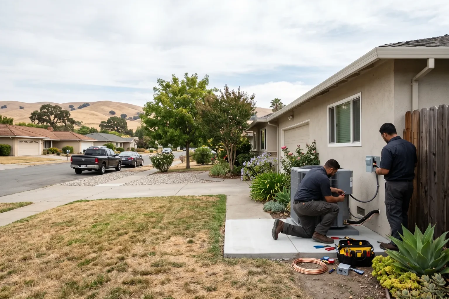 Technicians installing a new outdoor air conditioning unit beside a home